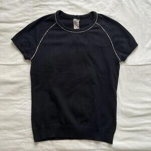 Burberry Blue Label black short sleeve raglan sweater with tan plaid piping